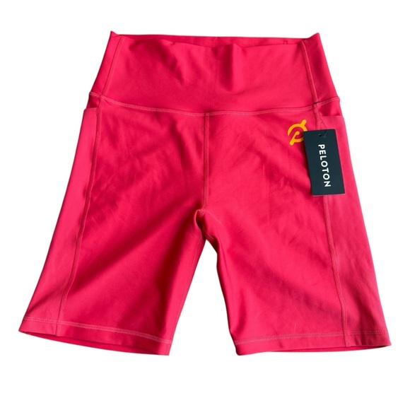 Peloton Women’s M Endurance Rib Highrise Biker Shorts Bright Pink Pockets NWT - Picture 1 of 9